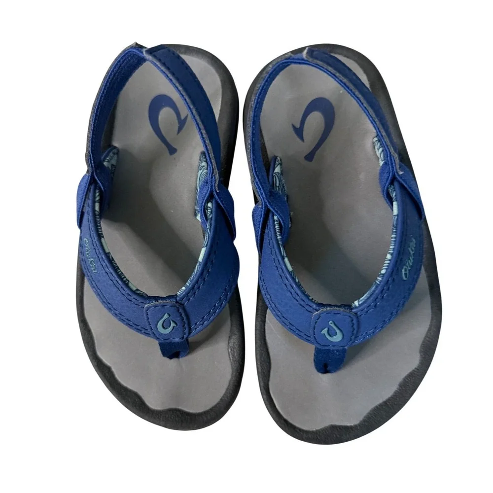 OluKai Ohana Slingback Flipflops Boys 9/10 Blue Gray Summer Vacation Beach Comfy